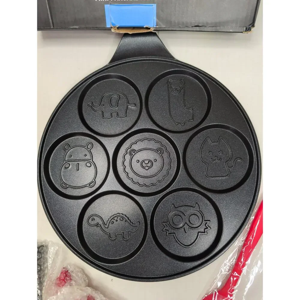 Nonstick Round Mini Pancake Pan 7 Animal Face Designs & Two Spatulas Llama, Dino